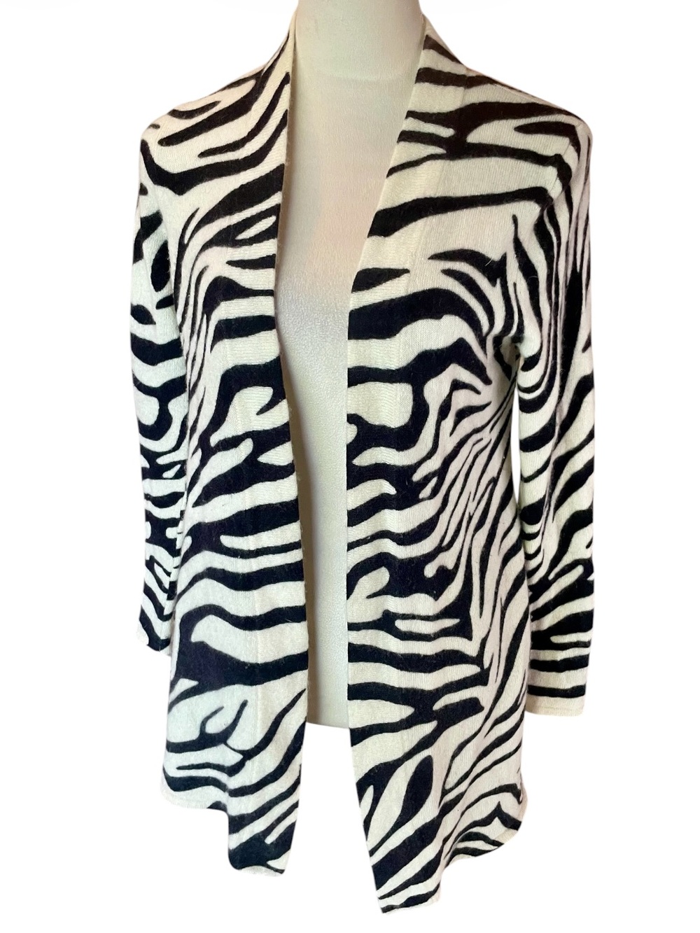 Charter Club Luxury 100% Cashmere Zebra Print Open Front Cardigan Shawl Collar